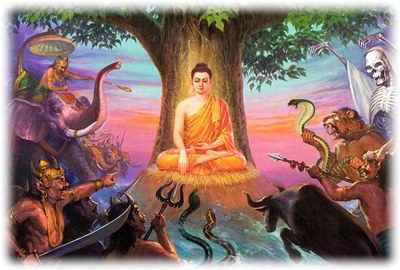 Pic 2663 Bumisparsa-Mudra-Buddha-assailed-by-demons-Buddha-Weekly